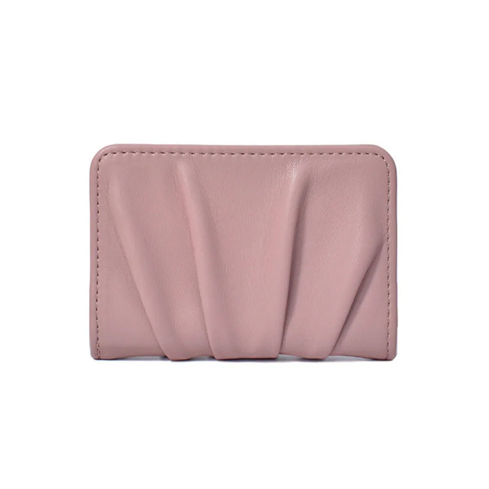 Elegant Foldable Wallet Multiple Card Slots PU Leather Mini Coin Purse Versatile Solid Color Wrinkled Card Holder Girls