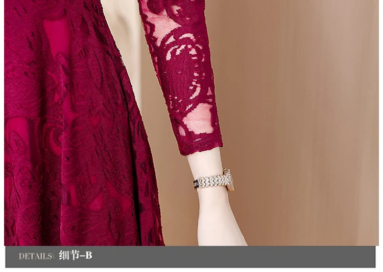 Women Vintage V-neck Lace Hollow Out Sexy Dress 2025 Elegant Bodycon Party Vestidos Spring Autumn Black Long Sleeve Midi Dresses