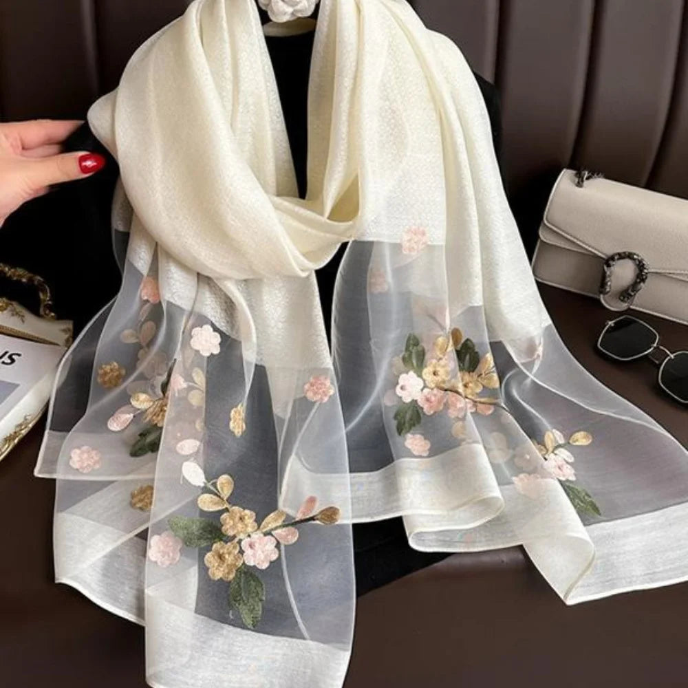 Elegant floral embroidered silk scarf for women, stylish sunscreen beach shawl with beaded trim, bohemian windproof must-have