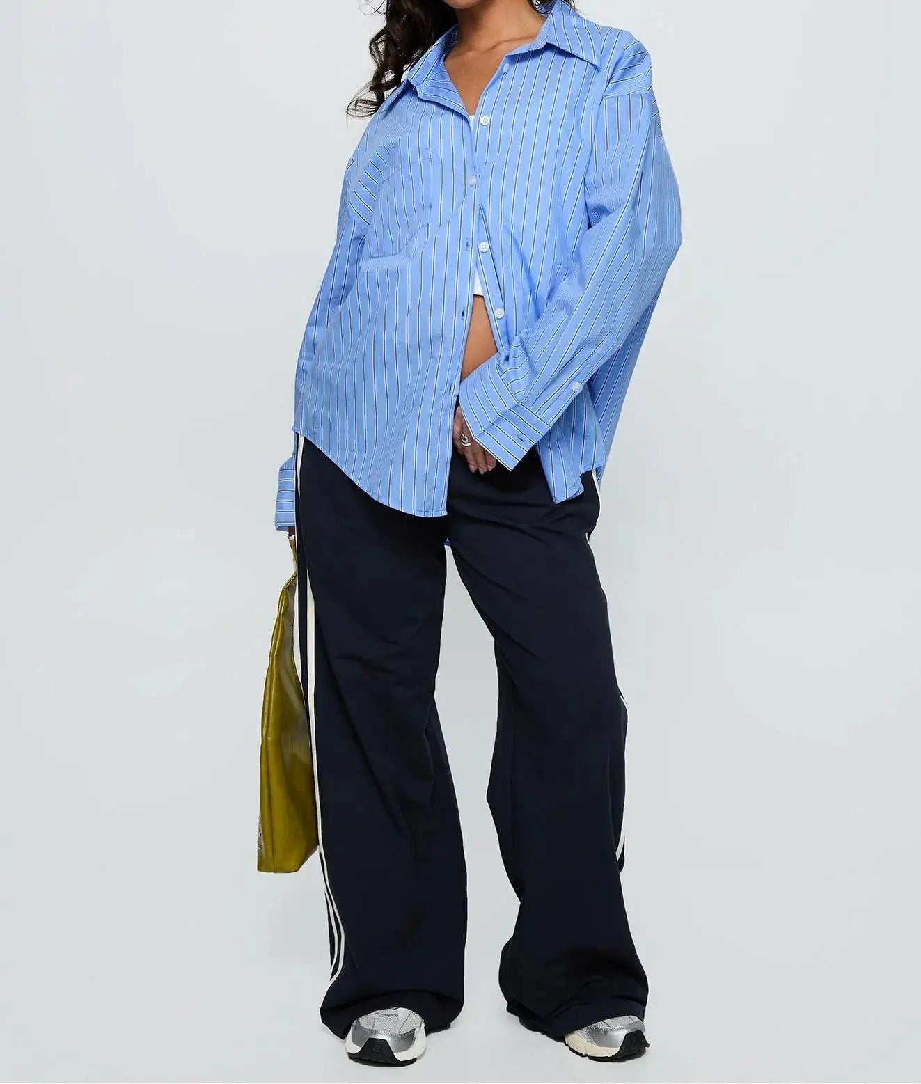 Women Spring Button Down Shirt Blue Pinstripe Loose Fit Long Sleeve Button Up Shirt Wide Collar Casual Tops Lightweight Shirts