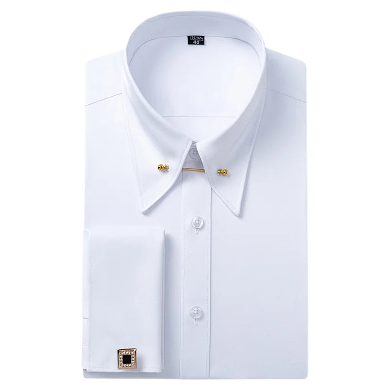 Lynett Lamar Men's Empire Collar French Cuff Long Sleeve Dress Shirt — Large Pointed Collar with Collar Pin