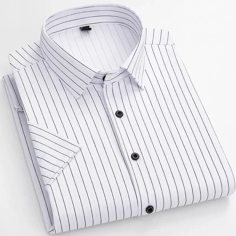 Lynett Lamar Men's Stretch No-Iron Short Sleeve Dress Shirt — Square Collar Formal Workwear