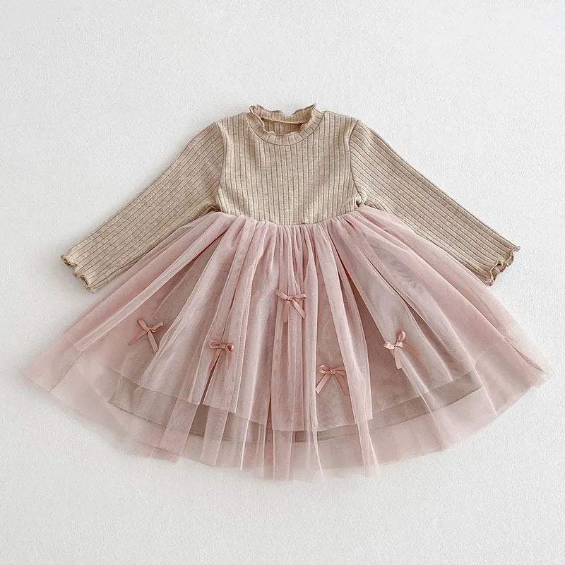 2025 New Spring Sister Dress 2-6Yrs Girl Party Dress Long Sleeved Cotton Mesh Splicing Kids Princess Dresses Children Clothes