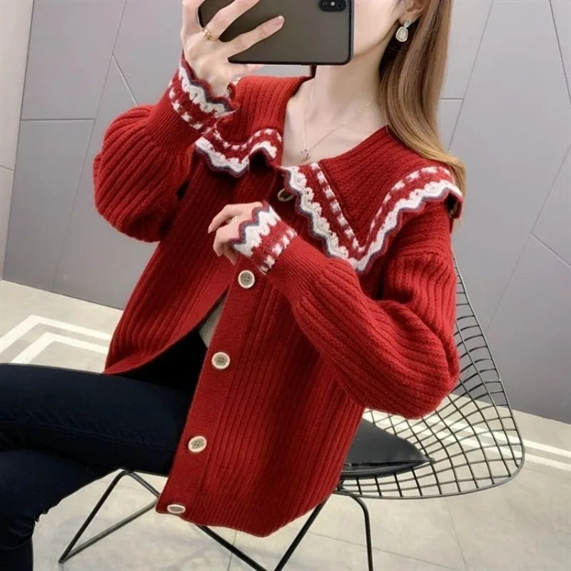 Knitted Sweater Woman Coat Korean Style Fashion 2025 New In Knitwear Office Wear Light Vintage Hot Trend Red Cardigan For Women