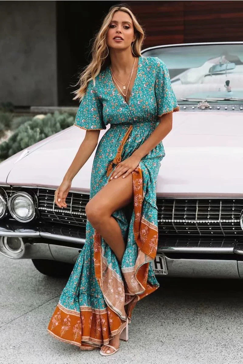 Maxi Dresses for women Cotton Rayon blue Floral print sexy deep v-ncek boho summer dresses loose Hippie long dress Vestidos