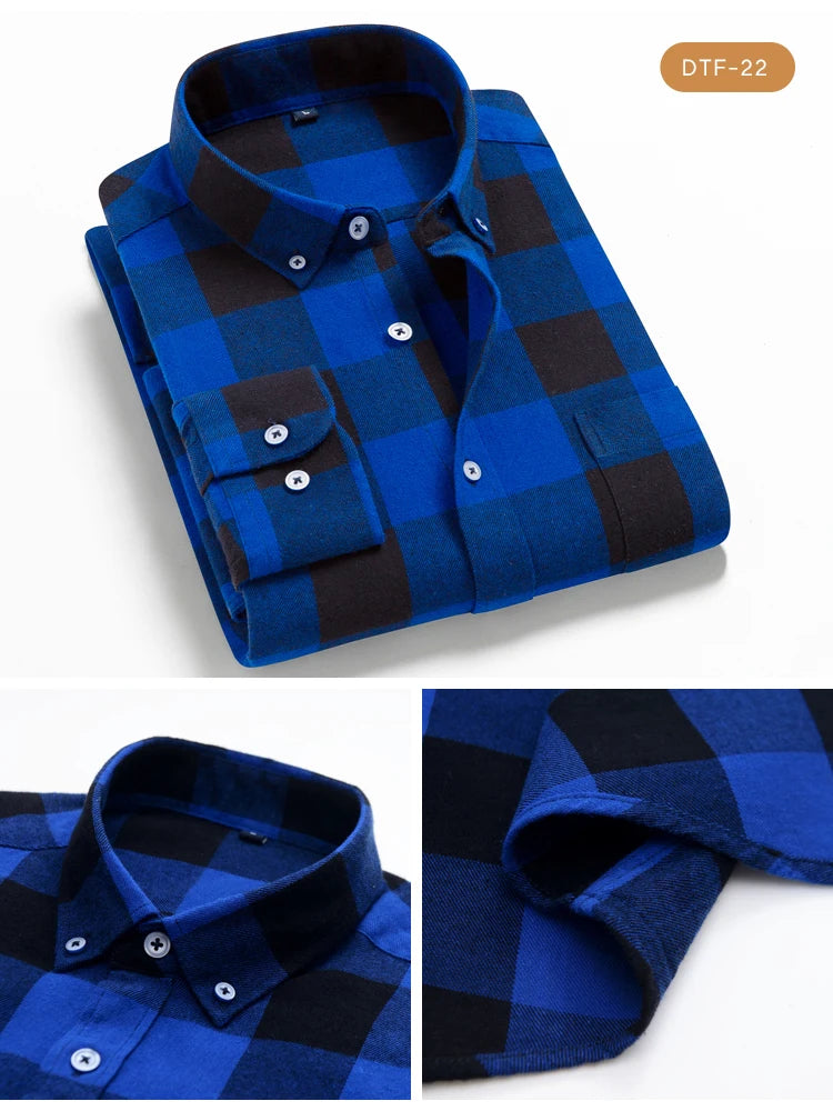 Men's Button Down Collar Contrast Plaid Pure Cotton Flannel Shirt with Left Chest Pocket Slim Fit Comfort Casual Brushed Shirts