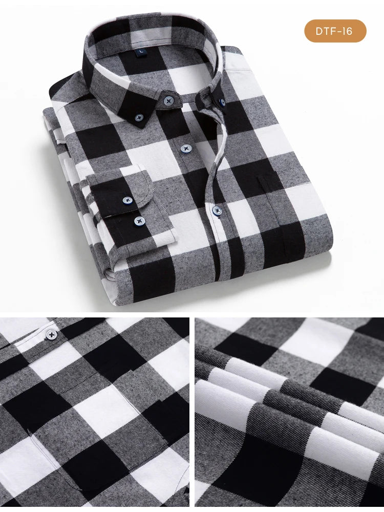Men's Button Down Collar Contrast Plaid Pure Cotton Flannel Shirt with Left Chest Pocket Slim Fit Comfort Casual Brushed Shirts