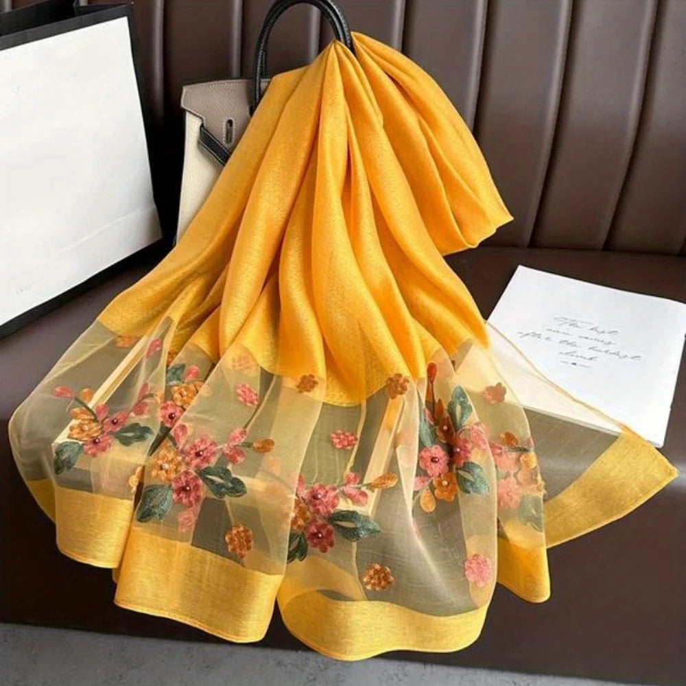 Elegant floral embroidered silk scarf for women, stylish sunscreen beach shawl with beaded trim, bohemian windproof must-have