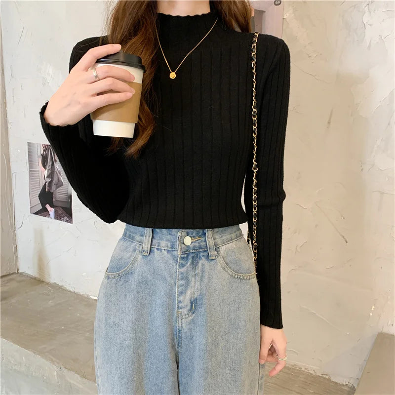 Woman Sweaters 2025 Autumn Winter Knitted Ribbed Turtleneck Sweater Women Clothes Long Sleeve Slim Basic Pullover Solid Tops