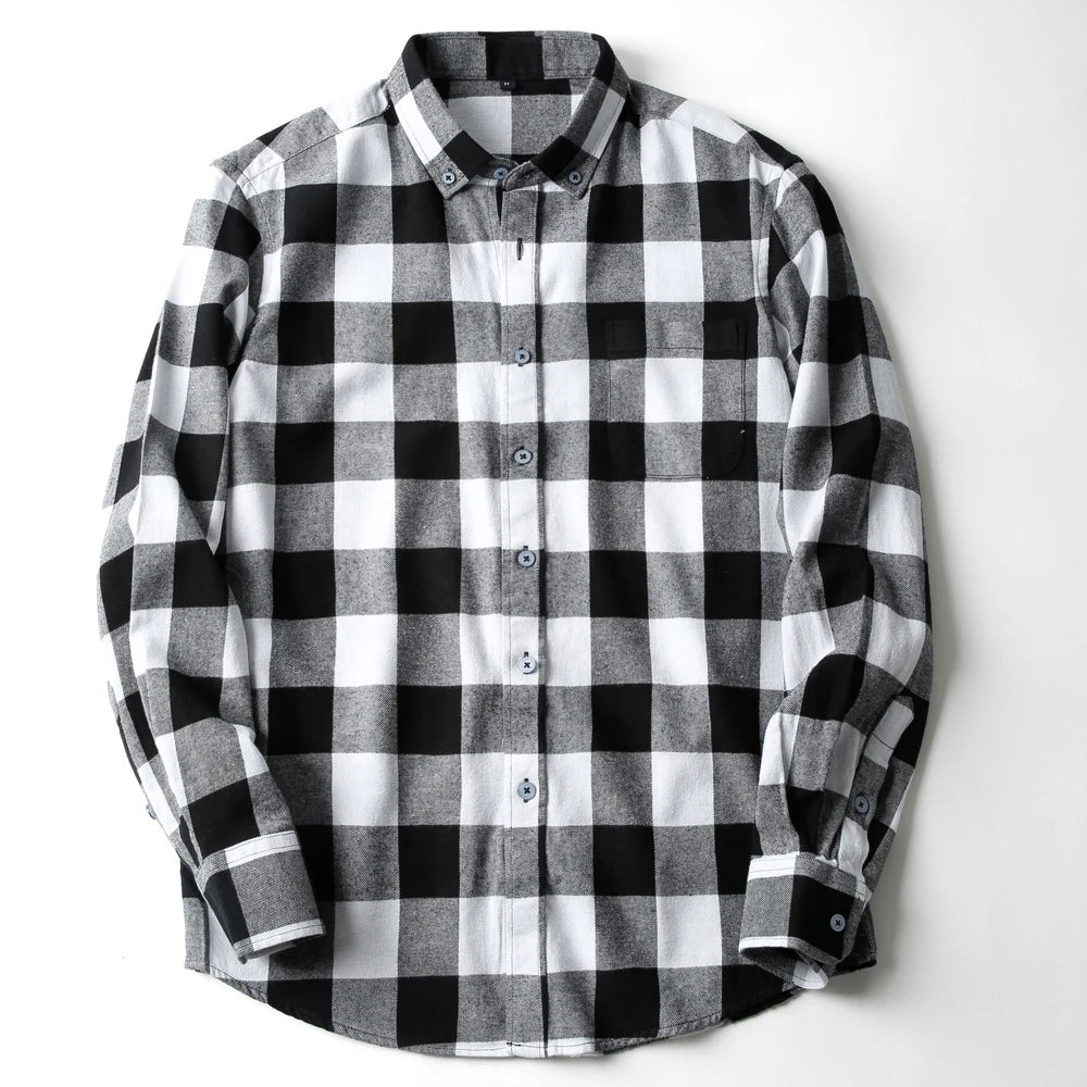 Men's Button Down Collar Contrast Plaid Pure Cotton Flannel Shirt with Left Chest Pocket Slim Fit Comfort Casual Brushed Shirts
