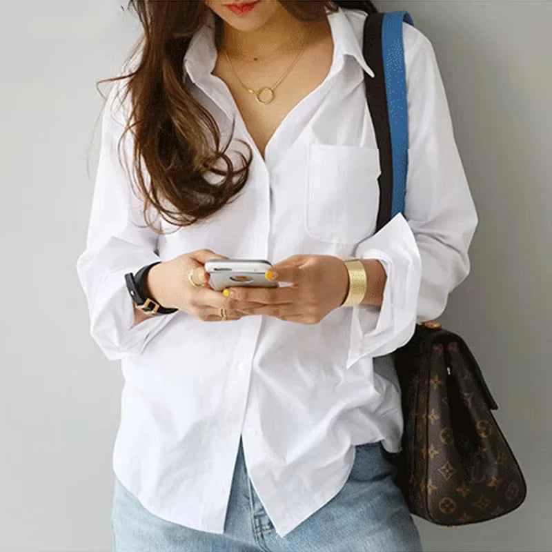 Women Office Lady Elegant Shirts Fashion Long Sleeve Casual White Blouses Turn-down Collar Ol Style Loose Top