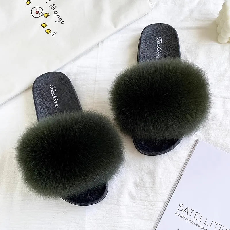 Fashion Lovely Real Fox Fur Slippers Women, Luxury Flat Sandals