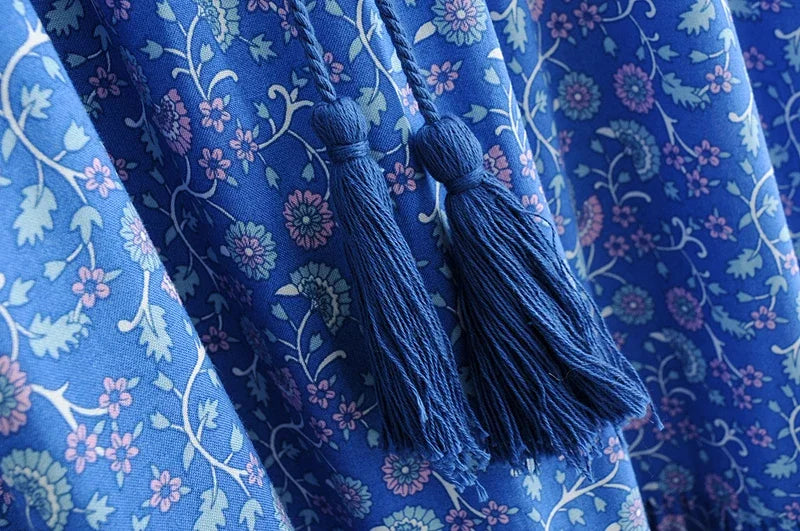 Maxi Dresses for women Cotton Rayon blue Floral print sexy deep v-ncek boho summer dresses loose Hippie long dress Vestidos