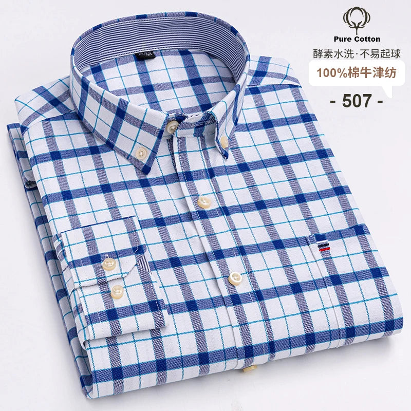 Lynett Lamar Men's 100% Cotton Oxford Plaid Long Sleeve Dress Shirt — Regular Fit Casual S–7XL