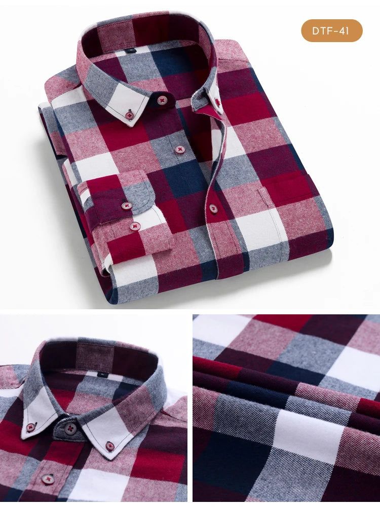 Men's Button Down Collar Contrast Plaid Pure Cotton Flannel Shirt with Left Chest Pocket Slim Fit Comfort Casual Brushed Shirts