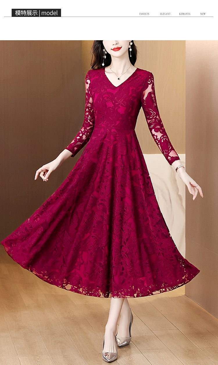 Women Vintage V-neck Lace Hollow Out Sexy Dress 2025 Elegant Bodycon Party Vestidos Spring Autumn Black Long Sleeve Midi Dresses