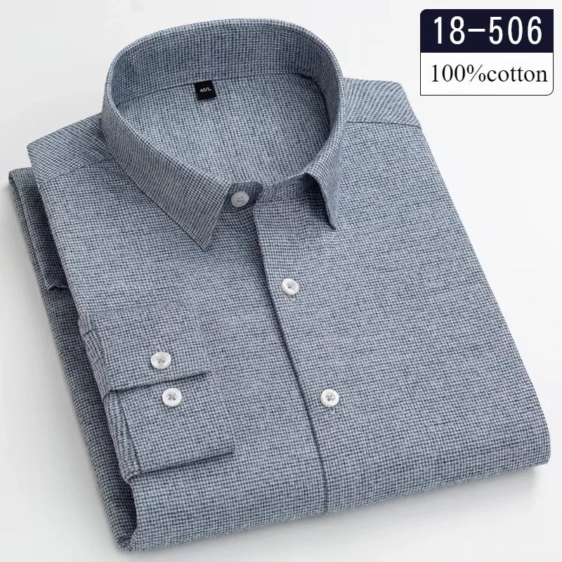 Men's 100% Cotton Brushed Slim Fit Long Sleeve Shirt — Plaid & Striped Casual Autumn
