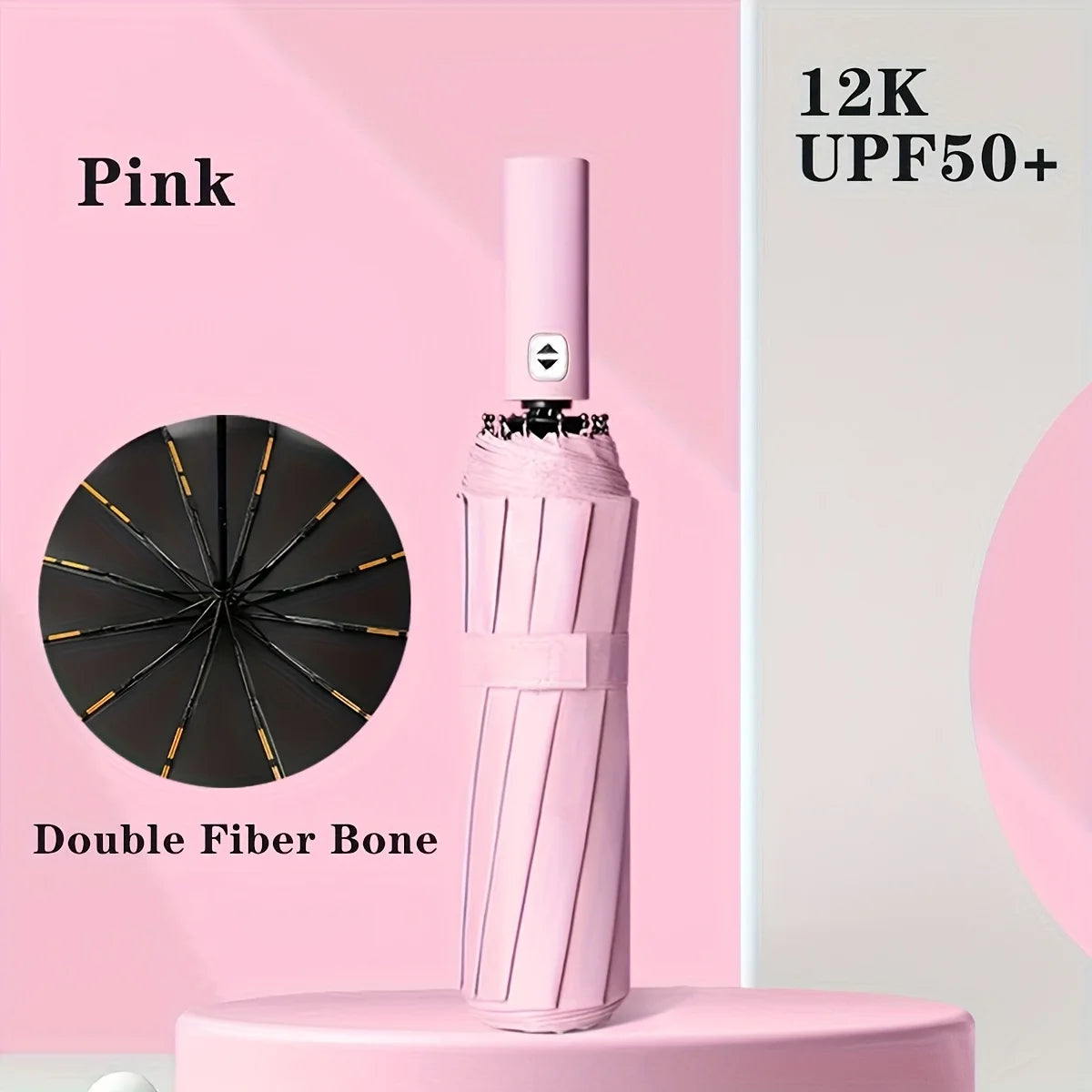 A fully automatic foldable umbrella with 12 ribs and reinforced structure for both rainy and sunny days, featuring UV protection