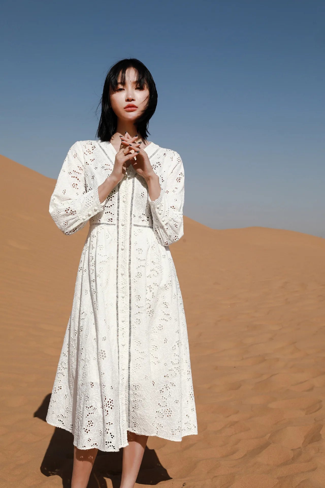 Long Sleeve Lace Dress For Women Robe Vintage V-neck Hollow Out Boho Floral Embroidery Elegant Dresses Ladies Party Vestidos