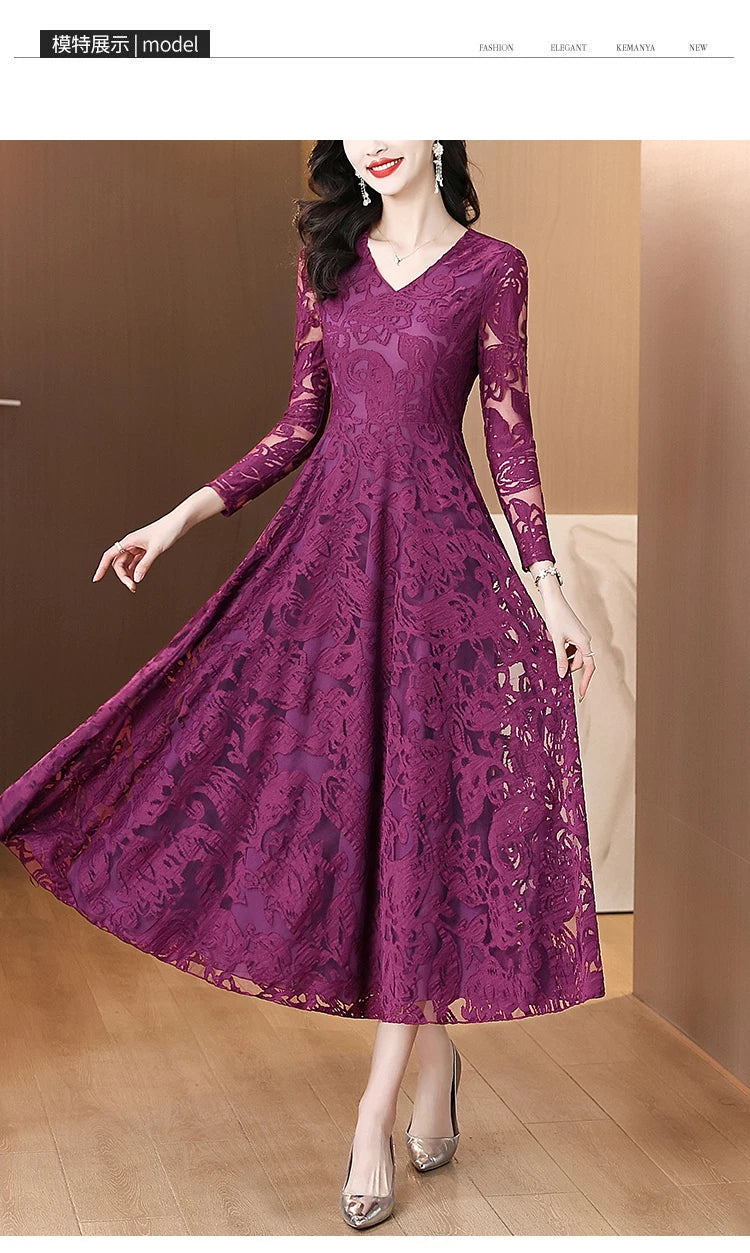Women Vintage V-neck Lace Hollow Out Sexy Dress 2025 Elegant Bodycon Party Vestidos Spring Autumn Black Long Sleeve Midi Dresses