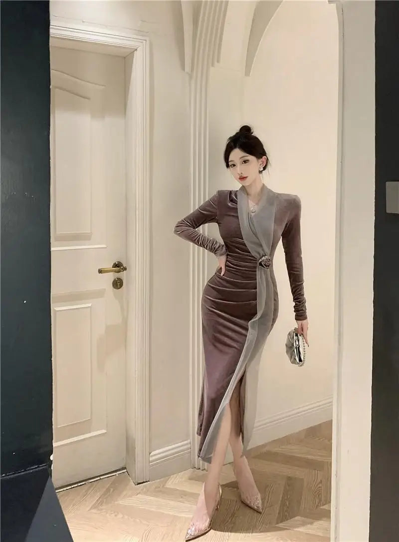 Women Vintage Velvet 3D Flower Ruched Sexy Split Elegant Party Dresses Y2K Winter V Neck Long Sleeve Bodycon Midi Dress Vestidos