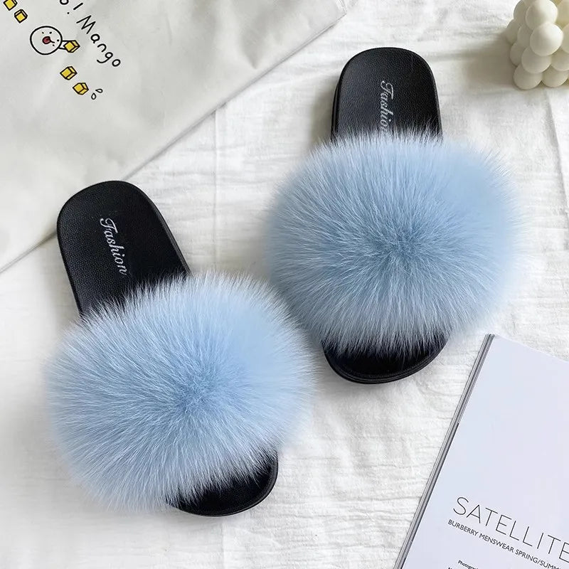 Fashion Lovely Real Fox Fur Slippers Women, Luxury Flat Sandals