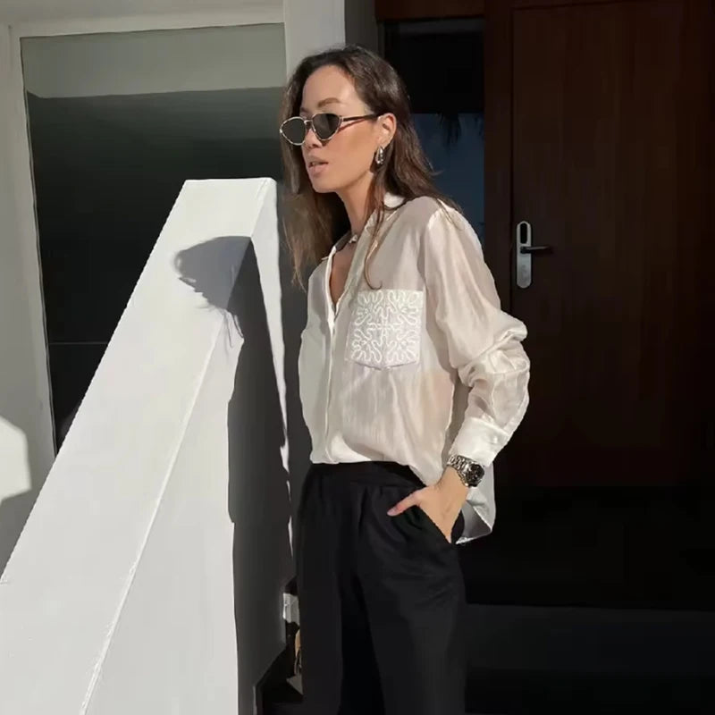 Women's Shirts Autumn 2025 New Fashion Office Shirts Women Chic Pocket Embroidery Retro Elegant Loose Young Blouses Street Tops