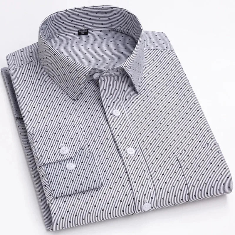 Men's Printed Plaid & Stripe Long Sleeve Casual Shirt — Single Pocket Business Formal Four Seasons