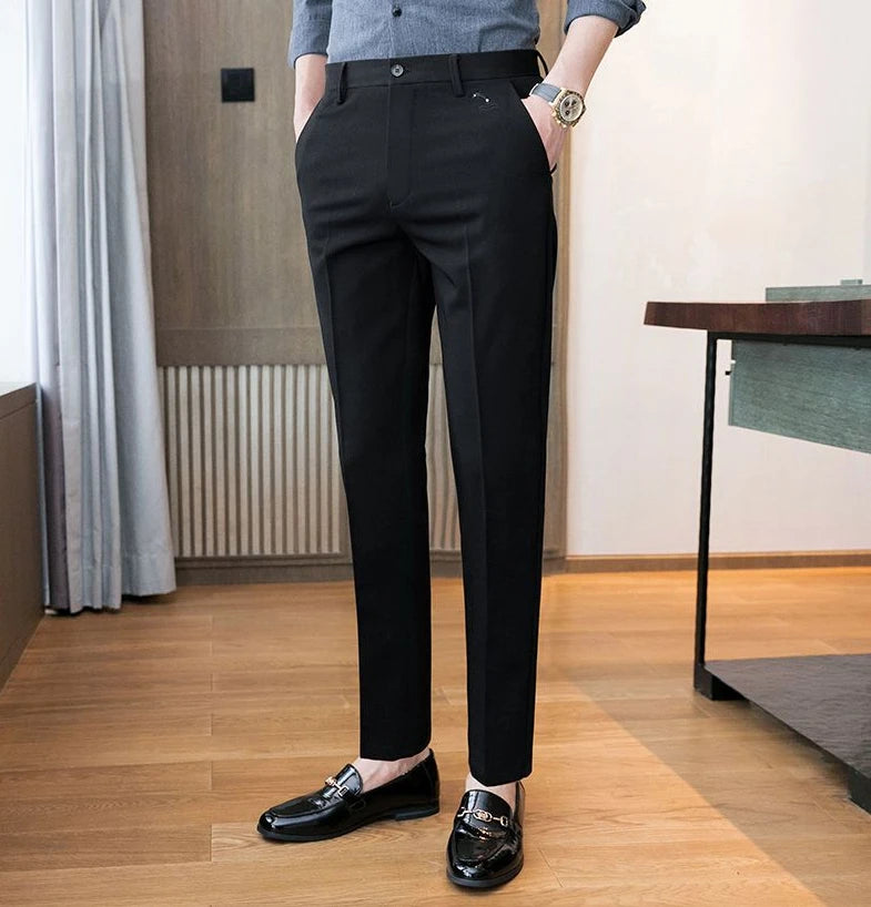 Trousers for Men Cropped Slim Fit Formal Work Casual Pants Man Dress Tailoring Baggy Polyester Slacks Korean Style Cotton Sale