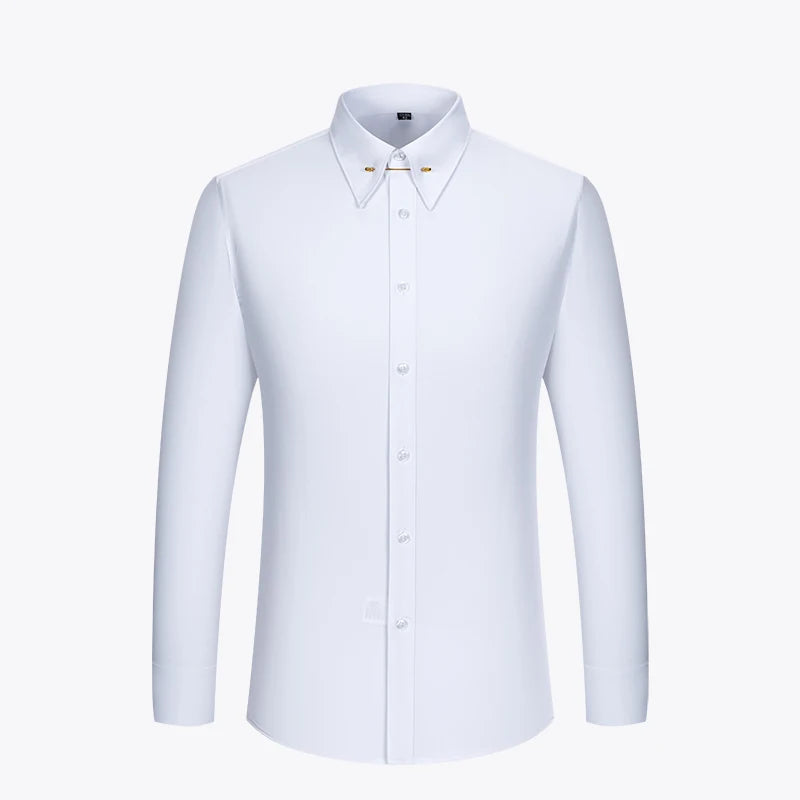 Lynett Lamar Men's Empire Collar French Cuff Long Sleeve Dress Shirt — Large Pointed Collar with Collar Pin