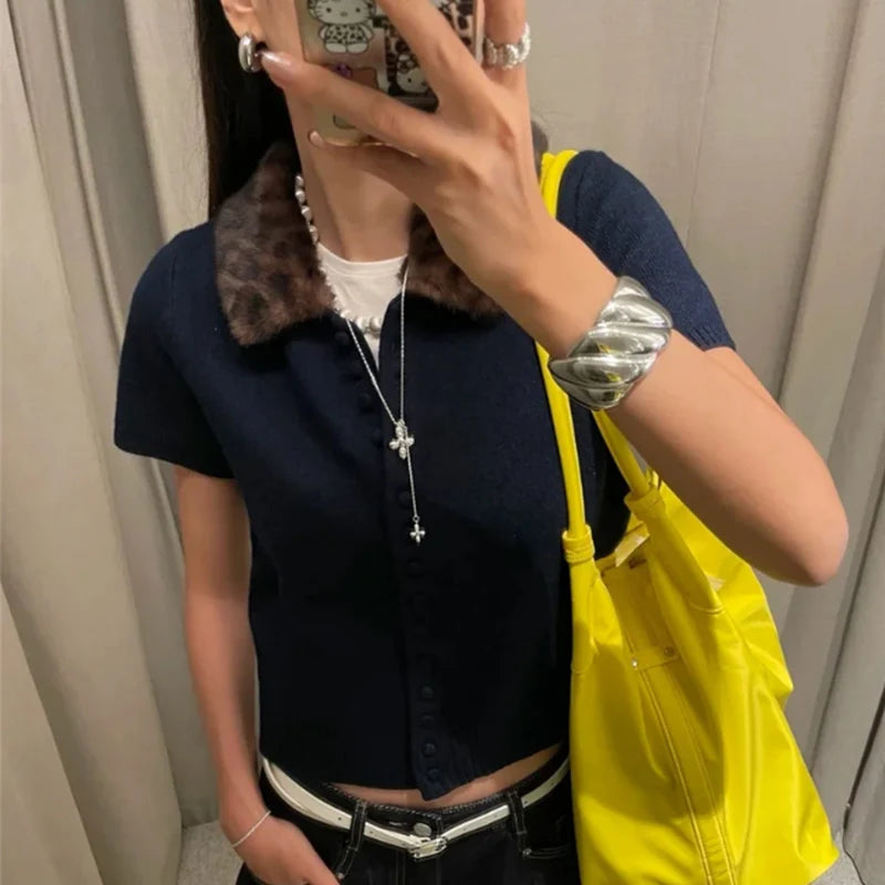 Women's Jacket 2025 New Autumn Fashion Darkblue Detachable Animal Print Neckline Knitted Jacket for Women Casual Chic Ladies Top