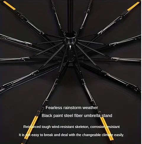 A fully automatic foldable umbrella with 12 ribs and reinforced structure for both rainy and sunny days, featuring UV protection