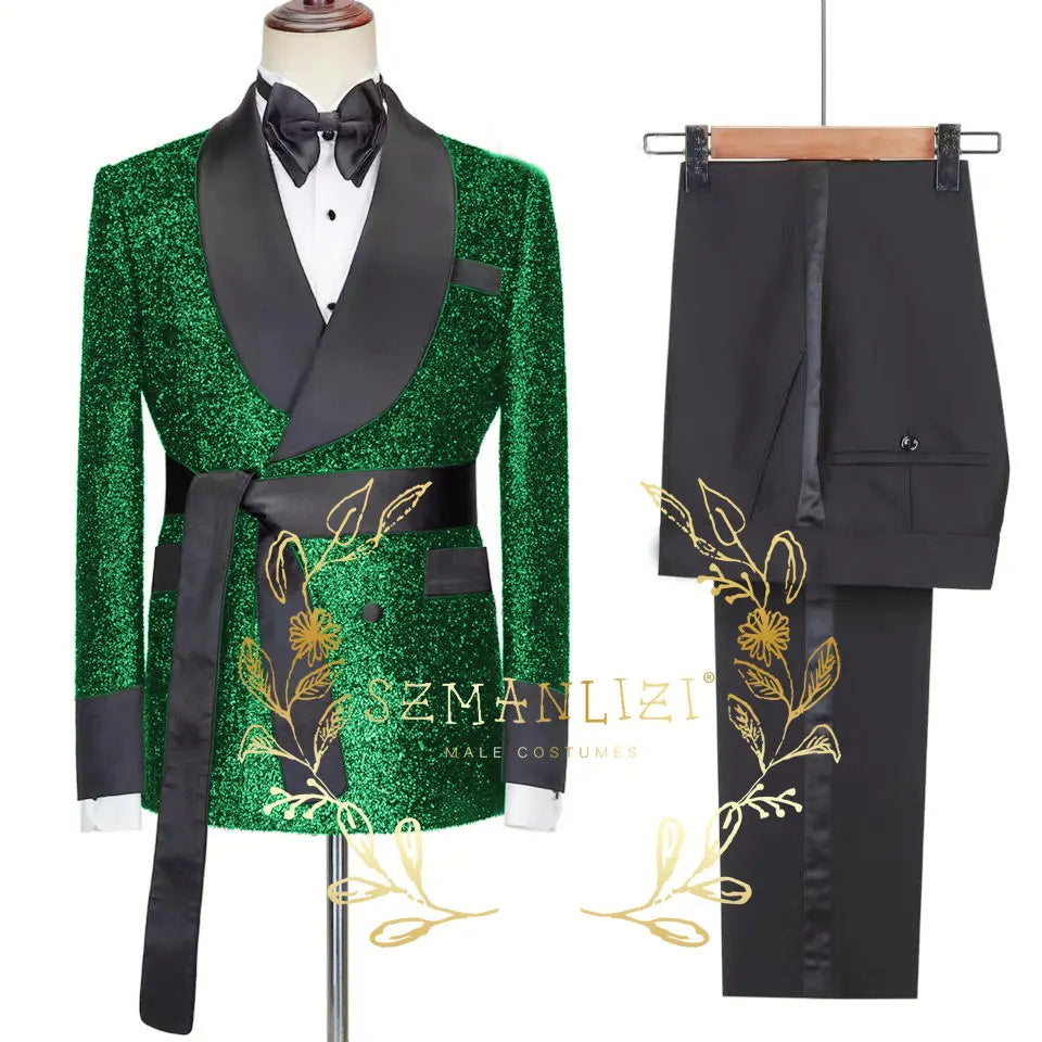 2026 Tailor-Made Shiny Black Groom Tuxedo Double Breasted Men Suit Prom Wedding Party Mens Suits Costume ( jacket+Pants+Belt)