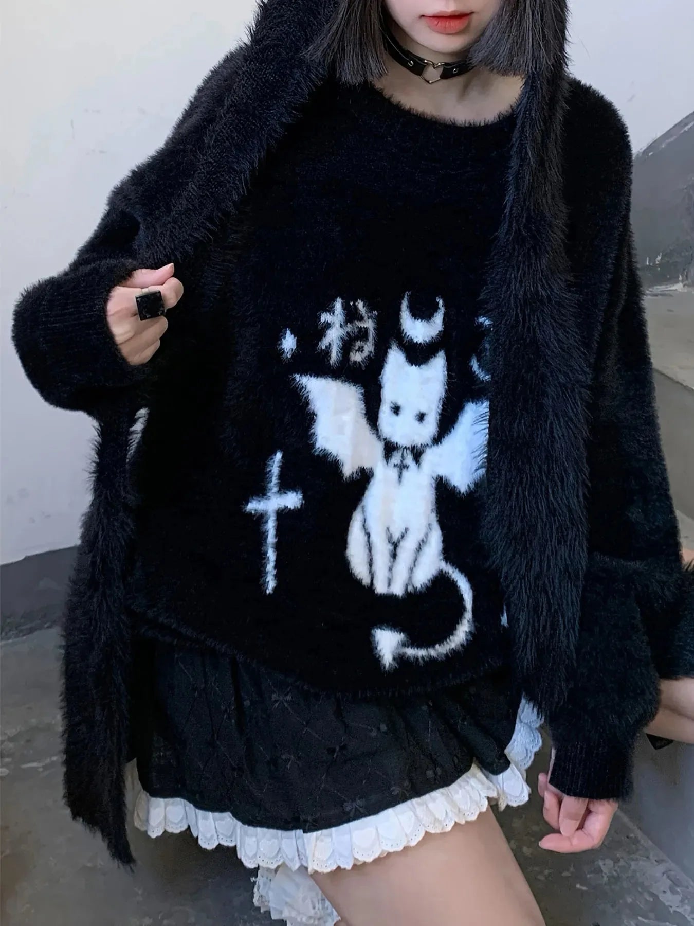 Harajuku Gothic Casual Oversized Knitted Jumpers Grunge Cartoon Sweater Fashion Knitwear Y2k Aesthetic Balack Loose Pullover