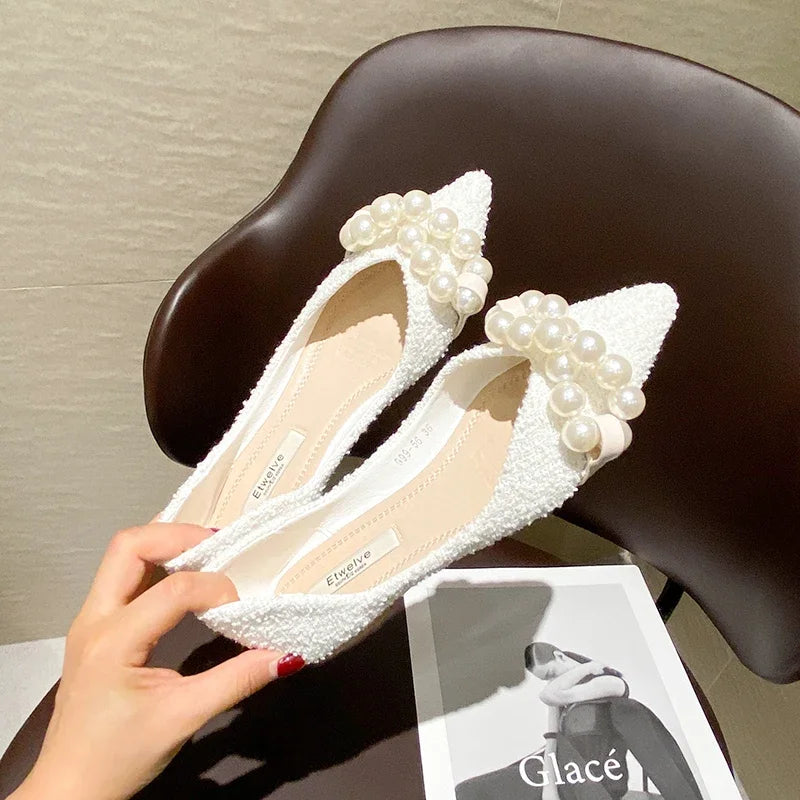 Flat Shoes for Women 2025 Spring Summer New Big Pearls Green White Women Flats Slip on Casual Loafers Zapatillas Mujer 44 45 46