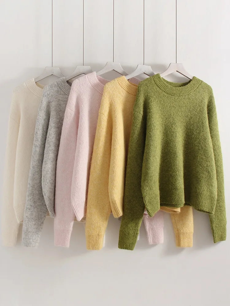 Women's Winter Sweater 2025 Warm Pullovers O Neck Knitwear Loose Knit Jumpers Basic Brown Sweaters For Women Winter Pink