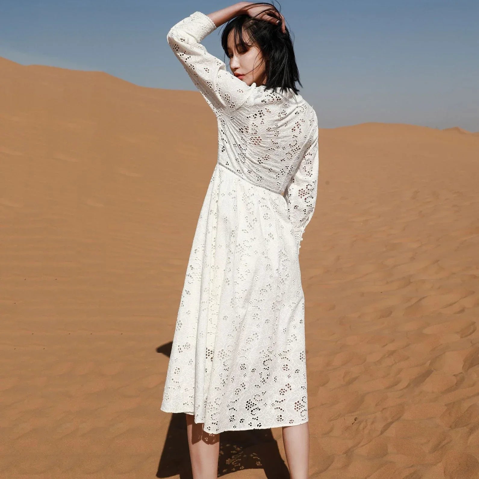 Long Sleeve Lace Dress For Women Robe Vintage V-neck Hollow Out Boho Floral Embroidery Elegant Dresses Ladies Party Vestidos