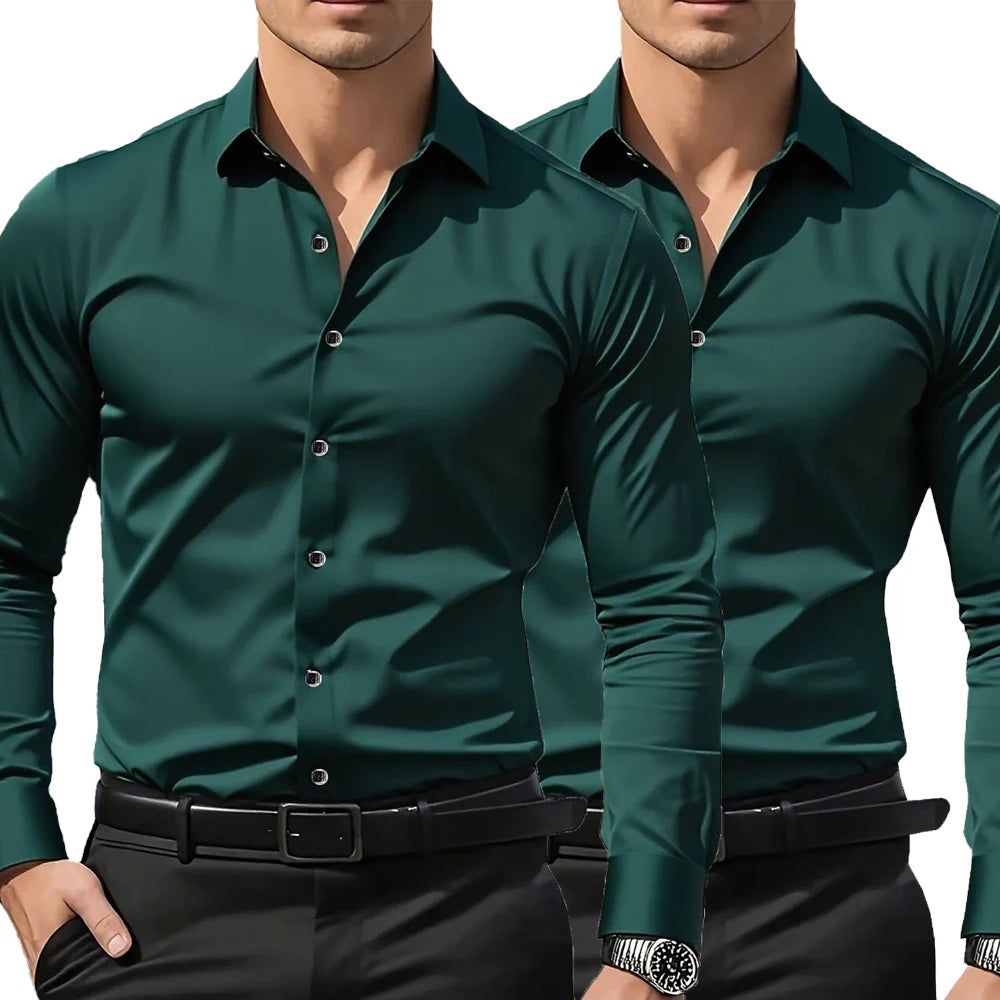Lynett Lamar Men's Slim Fit 4-Way Stretch Dress Shirt — Wrinkle-Free with Black Buttons