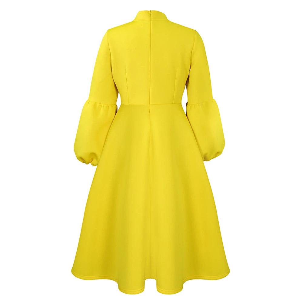 Elegant Dresses for Women Bow Collar Full Sleeve High Waisted A Line Mid Calf Luxury Female Birthday Party Dinner Vestidos Mujer
