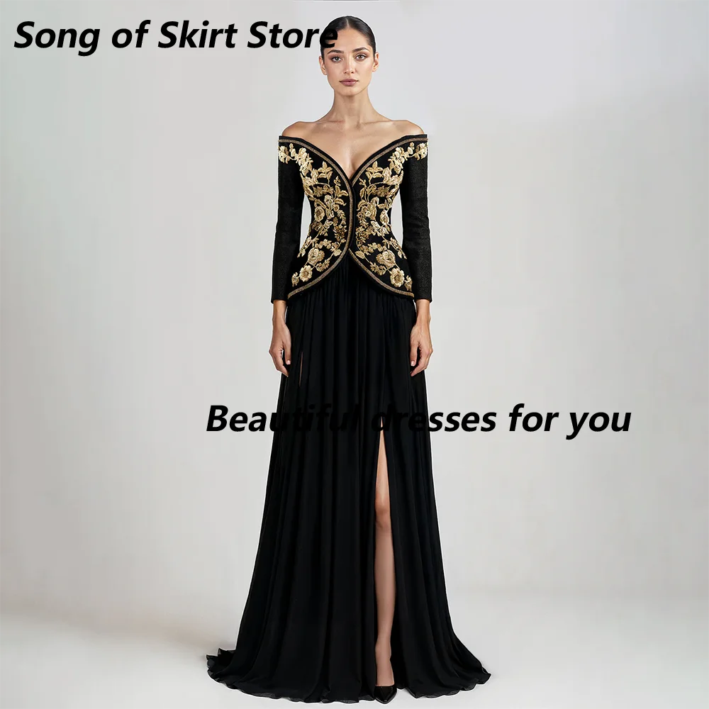 Black Off The Shoulder Evening Dress Lace Appliques Long Sleeves Formal Party Dresses A Line Slit Long Party Dresses Customized