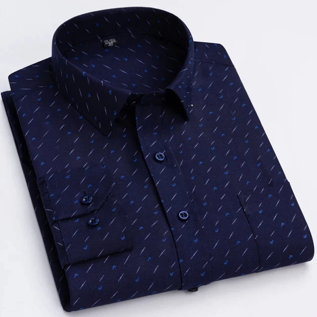 Men's Printed Plaid & Stripe Long Sleeve Casual Shirt — Single Pocket Business Formal Four Seasons