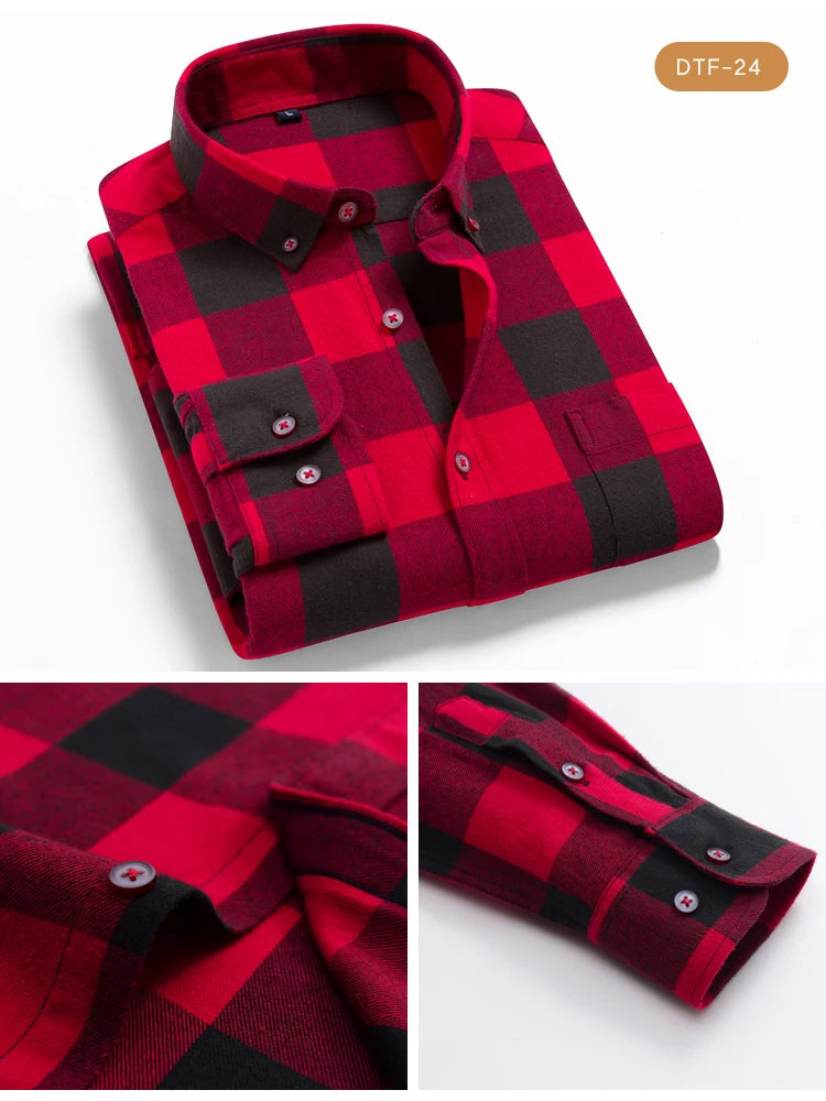 Men's Button Down Collar Contrast Plaid Pure Cotton Flannel Shirt with Left Chest Pocket Slim Fit Comfort Casual Brushed Shirts