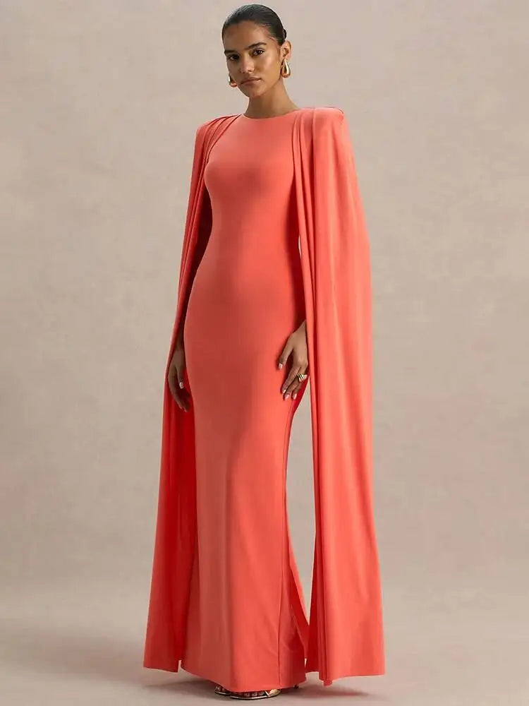 Blifanbo Sexy Cape Sleeve Maxi Dress Women Gown Fashion O Neck High Waist Split Zipper Club Party Long Dresses Female Elegant