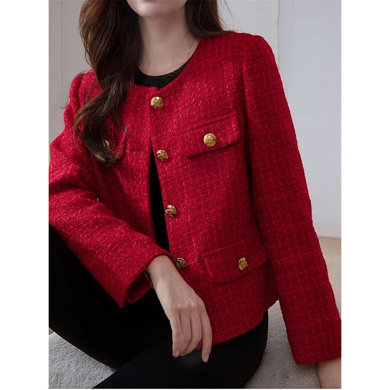 Women's Jacket 2025 New Autumn Fashion Red Tweed Small Fragrance Coat Ladies Short Blazers Korean Elegant Female Tops Outerwear