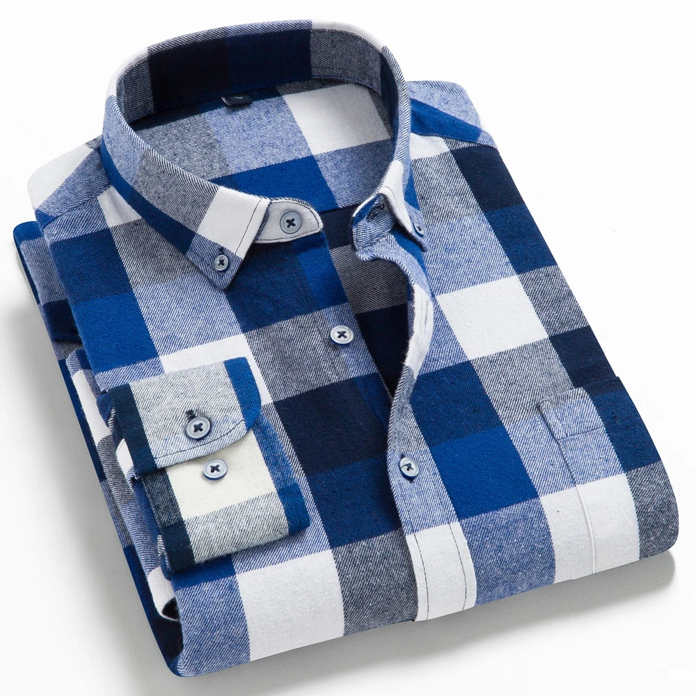 Men's Button Down Collar Contrast Plaid Pure Cotton Flannel Shirt with Left Chest Pocket Slim Fit Comfort Casual Brushed Shirts