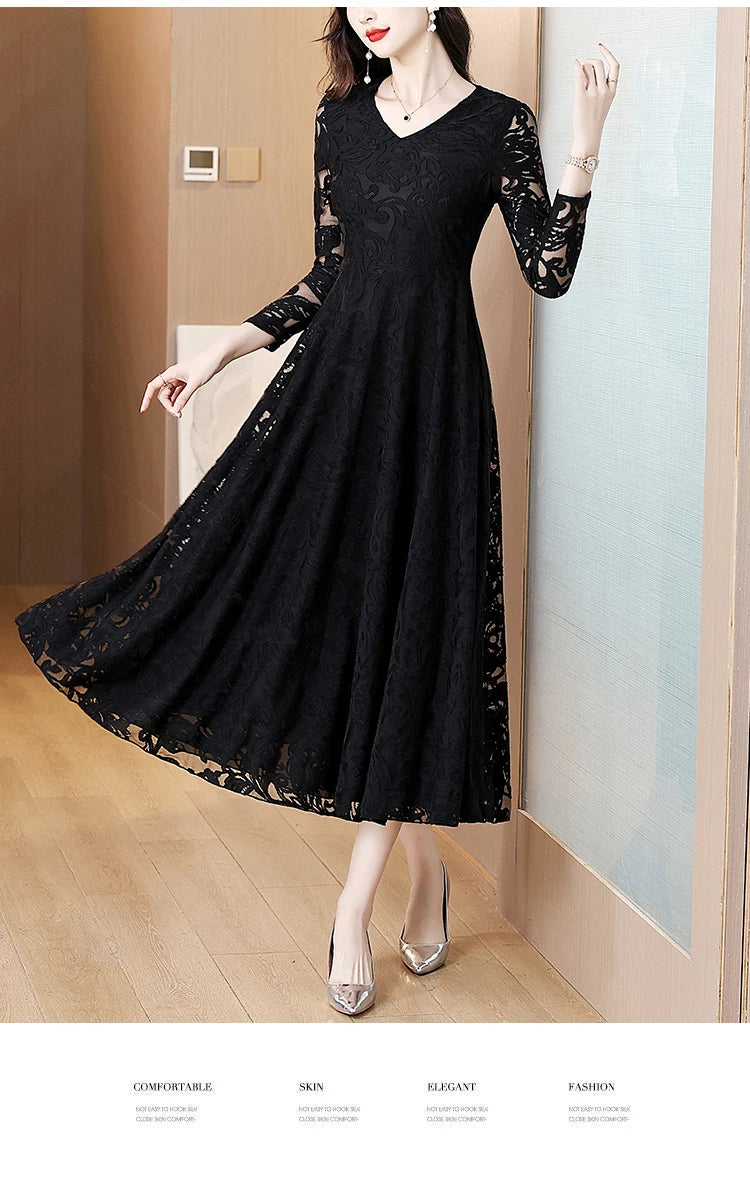 Women Vintage V-neck Lace Hollow Out Sexy Dress 2025 Elegant Bodycon Party Vestidos Spring Autumn Black Long Sleeve Midi Dresses