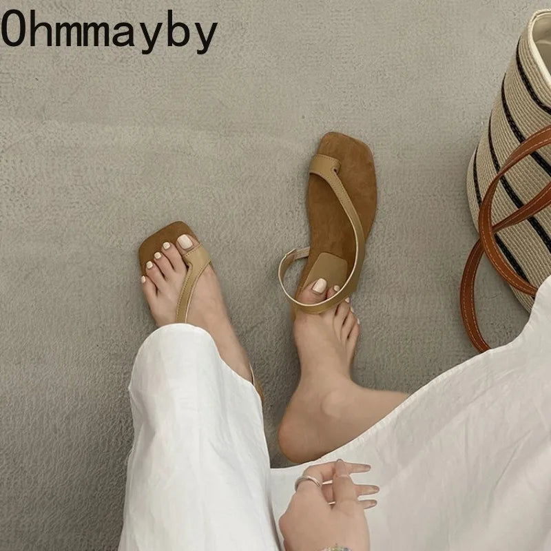 Women Flat Sandals Casual Soft Leather Suede Square Clip Toe Summer Shoes for Women Beach Party Daily Wear Sandalias Mujer