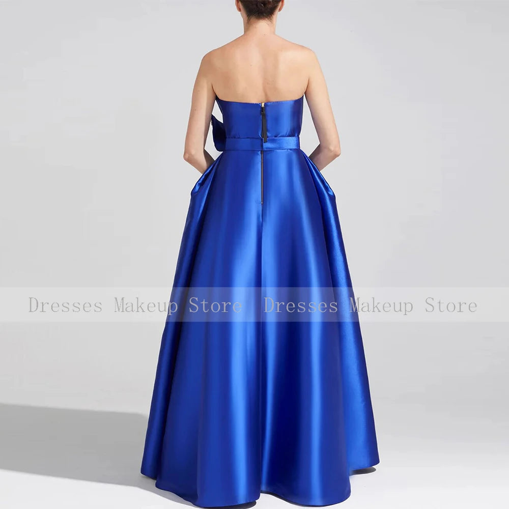 Elegant Evening Dress Gemstone Blue Satin Pleat Rhinestone Formal Party Dresses A-line Strapless Elegant Party Dresses Woman