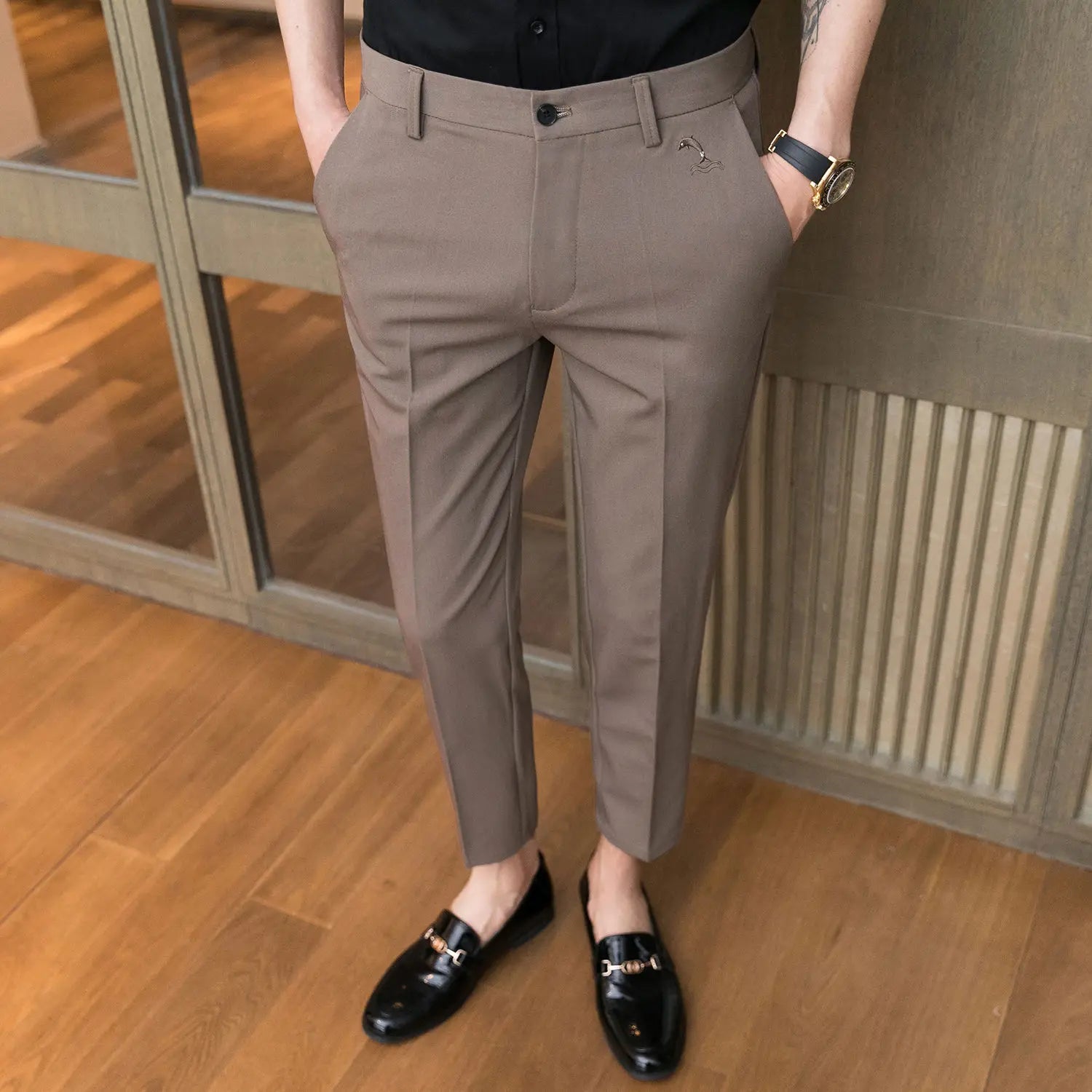 Trousers for Men Cropped Slim Fit Formal Work Casual Pants Man Dress Tailoring Baggy Polyester Slacks Korean Style Cotton Sale