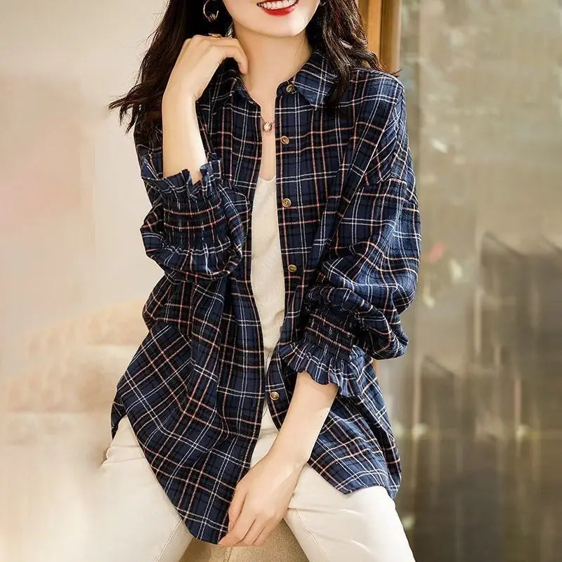 Long Plaid Button Down Shirt For Women Casual Office Wear Loose Fit Turn Down Collar Full Sleeve Spring Autumn Style